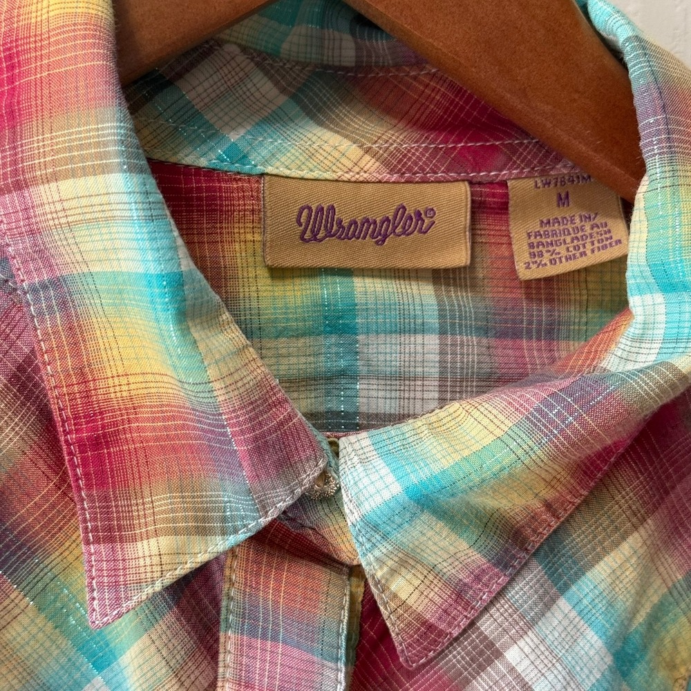 Wrangler Womens M Plaid Western Sparkle Snap Shirt  Cowgirl Pink Glitter Rodeo - Picture 4 of 11